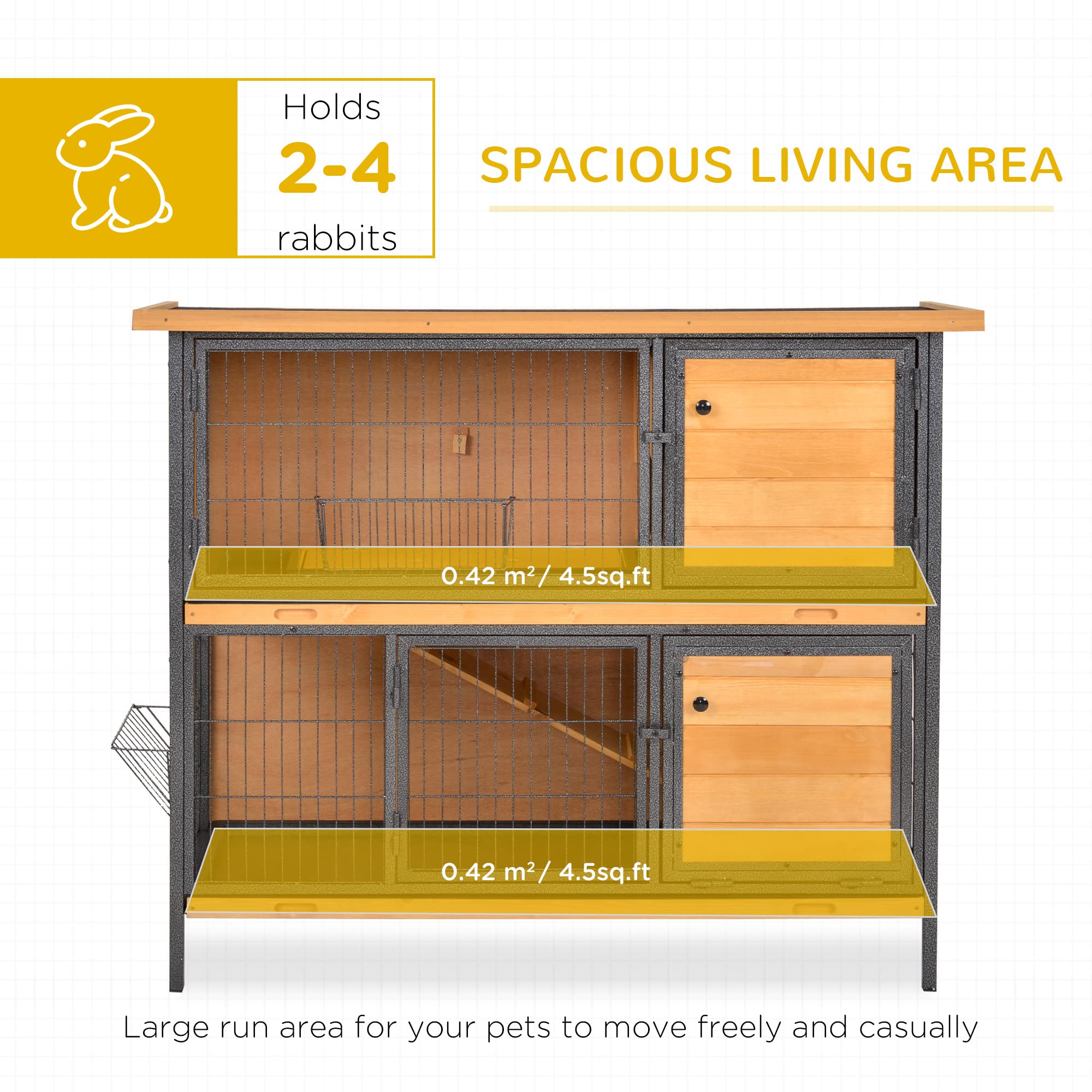 Pawhut 48'' 2-Story Large Rabbit Hutch Bunny Cage Wooden Pet House Metal Frame With Individual Room, Ramp, No Leak Tray, Feeding